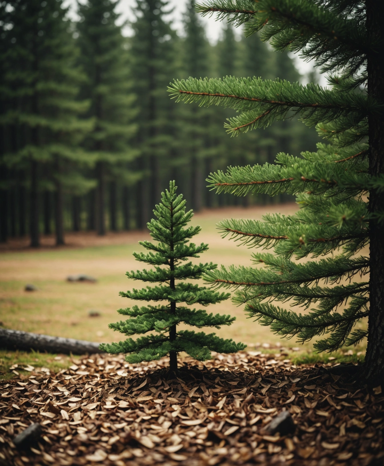 Pine tree silhouette with small bedding of pine chips in the foreground
