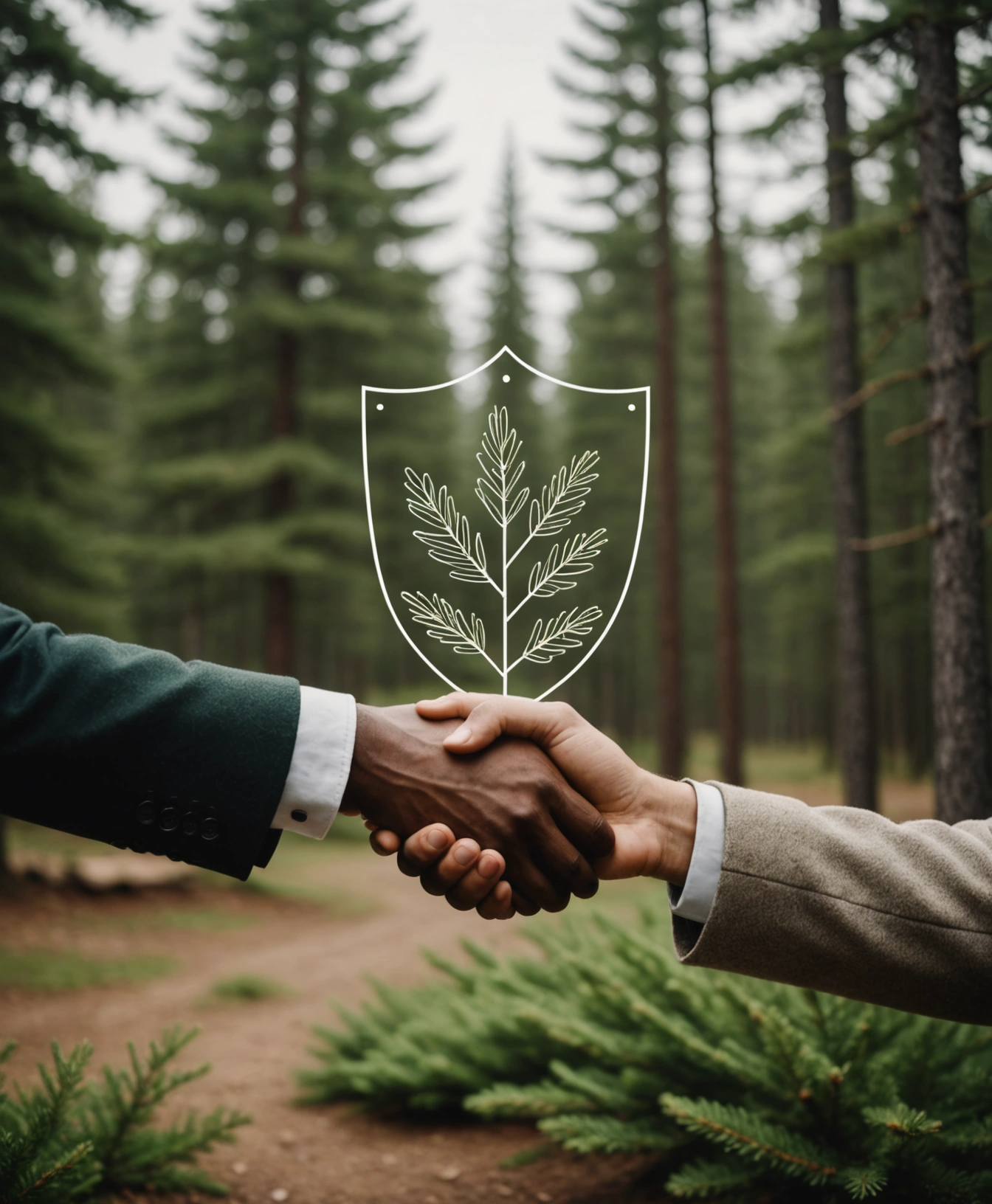 Handshake depicted inside a shield outline with a pine sprig accent