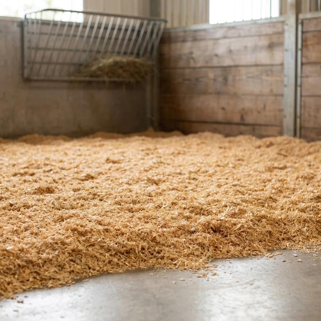fresh-pine-shavings-horse-stall-wBC68u Fresh pine shavings covering a clean horse stall floor