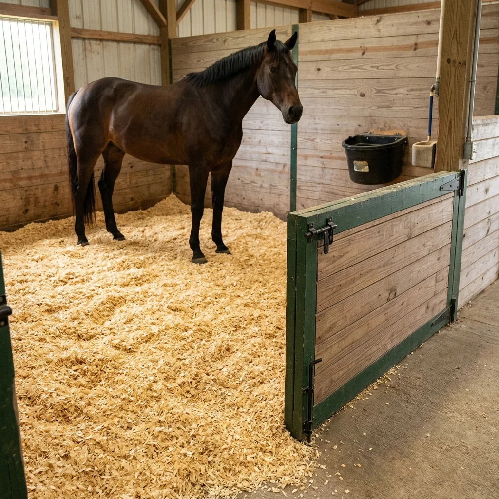 A realistic commercial-quality agricultural scene showing fresh pine animal bedding neatly spread in a clean horse